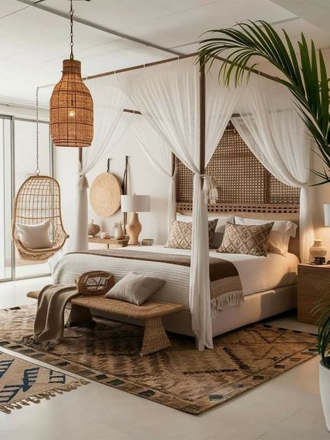 Canopy Bed Mosquito Net, Small Bedroom Canopy Bed, Canopy Bedroom Design, Cozy Hotel Room, Bali Bedroom, Bedroom Furniture Inspiration, Bali Home, Whimsical Bedroom, Boho Bedroom Design