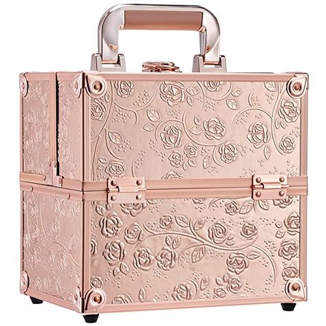 Amazon.com : Frenessa Makeup Train Case Cosmetic Box Portable Makeup Case Organizer 4 Trays Travel Case Storage with Dividers Lockable for Makeup Artist, Crafter, Makeup Tools Rose Gold Floral : Beauty & Personal Care Toolbox Storage, Makeup Case Organization, Floral Makeup, Makeup Train Case, Jewelry Organizer Storage, Makeup Travel Case, Cosmetic Box, Travel Size Bottles, Train Case