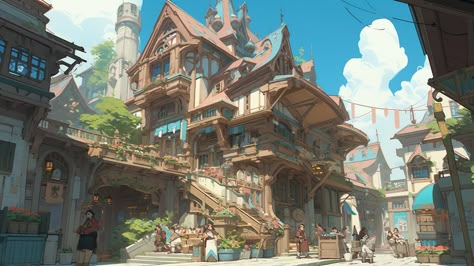 Sky Village Concept Art, Small Village Concept Art, Fantasy Trade City, Fantasy Town Concept Art, Cafe Concept Art, Town Concept Art, Fantasy Market, City Concept Art, Fantasy Cities