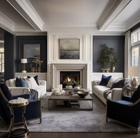 Home Interior Design Classic, Blues And Beige Living Room, Transition Style Living Room, Formal Lounge Room Ideas Interior Design, Modern Manor Interior, Ritz Carlton Interior Design, Classic Lounge Ideas, Timeless Modern Living Room, Living Room Designs Classic Luxury