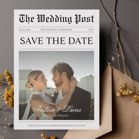 Save The Date Newspaper, Newspaper Photo, Retro Wedding Invitations, Photo Black And White, Wedding Newspaper, Black And White Wedding Invitations, Date Invitation, Photo Save The Date, White Wedding Invitations