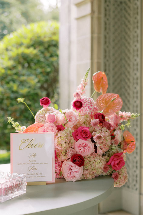 Pink wedding centerpiece // pink wedding // pink candles at wedding // pink roses wedding // shades of pink wedding // glen manor wedding // Glen Manor Portsmouth RI // wedding centerpieces // pink low centerpiece  // pink bar arrangement // pink bar flowers // pink bar flowers // wedding bar arrangement // haus of stems wedding // haus of stems flowers // Photo by byhalie Pink Floral Wedding Centerpieces, Pink Wedding Table Centerpieces, Pink And Green Wedding Florals, Shades Of Pink Wedding Theme, Wedding Flowers Unique, Pink Wedding Tables, Pink Glam Wedding, Candles At Wedding, Wedding Centerpieces Pink