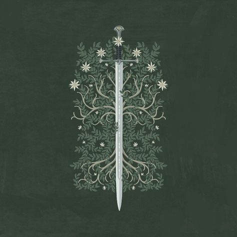 Digitally painted illustration of Anduril, The sword of Aragorn, layered over the Tree of Gondor Tree Of Gondor Tattoo, Lotr Swords, Tree Of Gondor, Lotr Tattoo, Lord Of The Rings Tattoo, Power Wallpaper, Middle Earth Art, Tolkien Art, Lotr Art