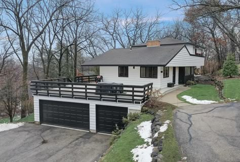 Deck With Carport Underneath, Patio Off Of Garage, House Over Garage, Garage Under House Slope, Deck Over Garage Second Story, Garage Top Deck, Breezeway Deck To Garage, Garage With Deck On Top, Garage Deck Ideas