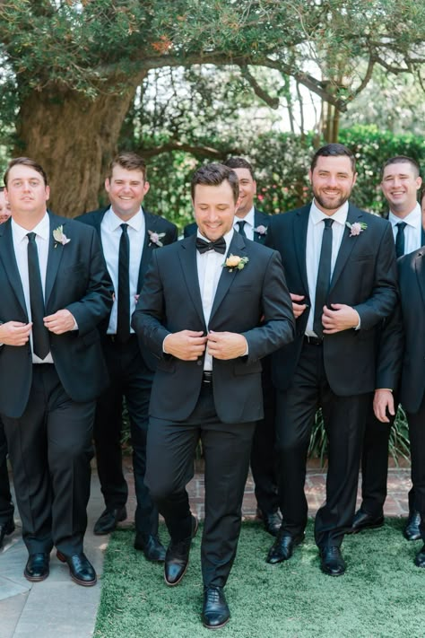 Wedding Groomsmen Black Suit, Groom Classic Suit, Groom And Groomsmen Black Suit, Groom In Tux Groomsmen In Suits, Bridal Party Outfits Groomsmen, Groom Tux Groomsmen Suits, Black Suit Groom And Groomsmen, Groomsmen In Black Suits, Groomsmen Attire Black Suit