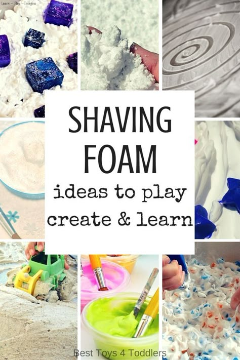 Best Toys 4 Toddlers - 33 ideas to play, learn and create with inexpensive material - shaving foam! Perfect for kids who love messy play! Messy Play Ideas, Messy Play Activities, Tuff Tray Ideas, Tuff Spot, Shaving Foam, Nursery Activities, Sensory Ideas, Tuff Tray, Tray Ideas