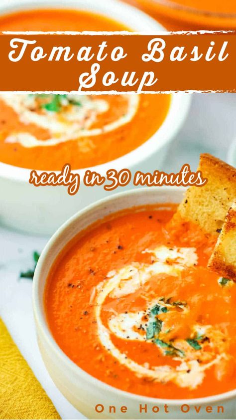 The best homemade creamy tomato basil soup recipe – this tomato soup is easy to make with high-quality canned tomatoes, cream, parmesan cheese and basil. And, this soup is so simple to make and it feeds a crowd. Homemade Tomato Basil Soup, Tomato Basil Bisque, Basil Soup Recipe, Homemade Tomato Soup Recipe, Tomato Basil Soup Recipe, Creamy Tomato Basil Soup, Tomato Soup Easy, Tomato Soup Homemade, Canned Tomatoes