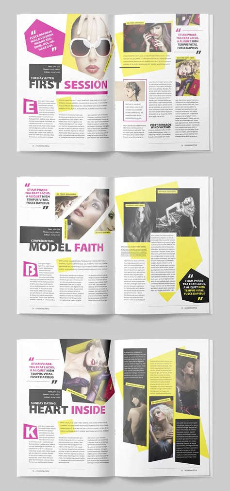 Professional and clean InDesign magazine template. Includes 25 pages for articles, interviews, galleries and showcases. All text editable and comes with placeholder for images. The files are print ready with bleeds. All texts are set with free fonts, and download links are provided. School Magazines Ideas, Magazine Template Edit, Magazine Article Layout Design Ideas, Interview Page Layout Magazine Design, Magazine Interview Layout Design, Magazine Interview Design, Indesign Magazine Template Layout Design, Cool Magazine Layouts, Article Design Layout