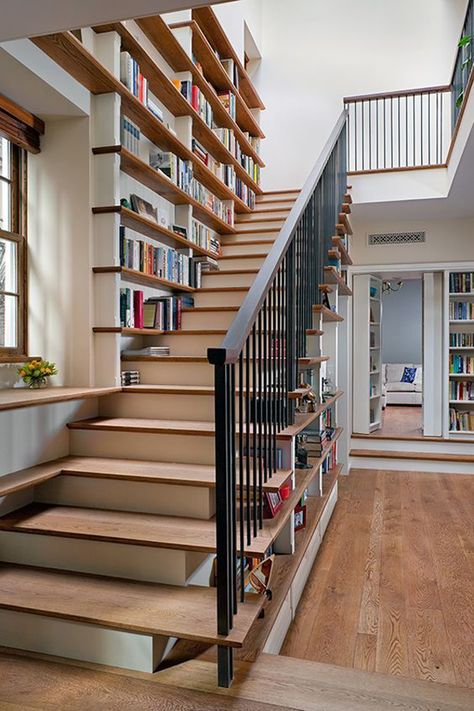 17 Unusual Interactive Staircase Designs | Home Design And Interior Bookcase Stairs, Staircase Bookshelf, Stair Bookshelf, Modern Home Library, Apartemen Studio, Stair Shelves, تحت الدرج, Diy Staircase, Stair Rail