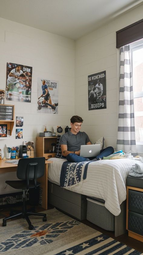 Explore the best dorm room ideas for guys to create a stylish and functional space! From a cozy dorm bed to essential dorm room items, get inspired while preparing for college. Dorm Room Men Ideas, Guys Dorm Room Aesthetic, College Dorm Ideas For Guys, Men Dorm Room Ideas, Masculine Dorm Room, Men’s Dorm Room Ideas, Guy College Dorm Room Ideas, Dorm Room Designs For Guys, Boy Dorm Room Ideas Colleges