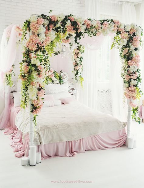 Wedding Room Decorations Romantic, Poster Bed With Curtains, Four Poster Bed With Curtains, Bed With Curtains, Wedding Night Room Decorations, 4 Poster Bed, Fairytale Bedroom, Wedding Bed, Wedding Room Decorations