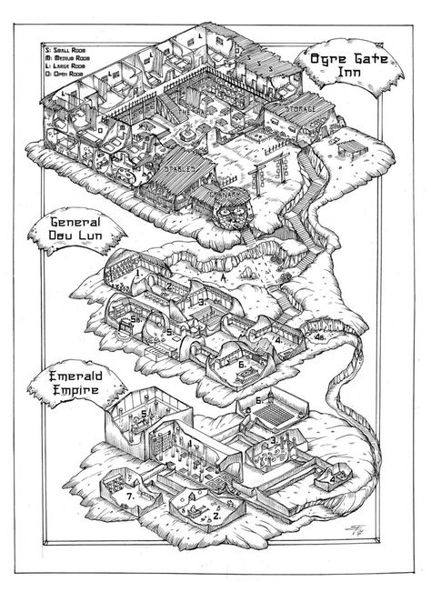 Ogre Gate Inn Dungeon Map by FrancescaBaerald Lost Temple, Dungeon Map, Map Sketch, Fantasy City Map, Isometric Map, Fantasy Map Making, Dnd World Map, Fantasy World Map, Map Making