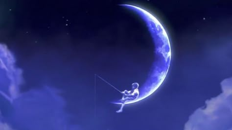 Pixar Moon Fishing, Dreamworks Moon Tattoo, Dreamworks Moon, Dreamworks Tattoo, Dreamworks Aesthetic, Movie Logos, Black Line Tattoo, Dreamworks Art, Logo Evolution