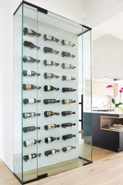 Wine Cellar Modern, Wine Wall Display, Wine Cellar Wall, Wine Storage Wall, Wine Cellar Ideas, Glass Wine Cellar, Concrete Wall Panels, Cellar Ideas, Wine Closet