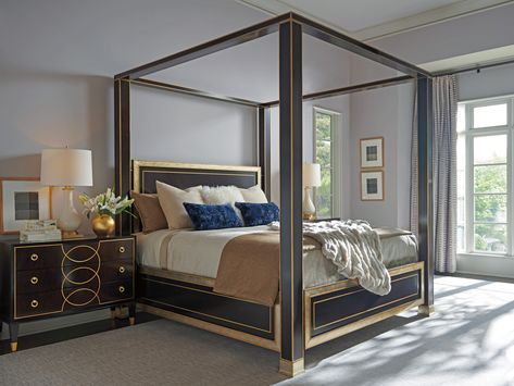 Bedframe Makeover, Bedroom With Four Poster Bed, Cottage Chic Living Room, Black Gold Room, Vanity Room Ideas, Cake Castle, King Poster Bed, Classy Bedroom Decor, Villa Medici