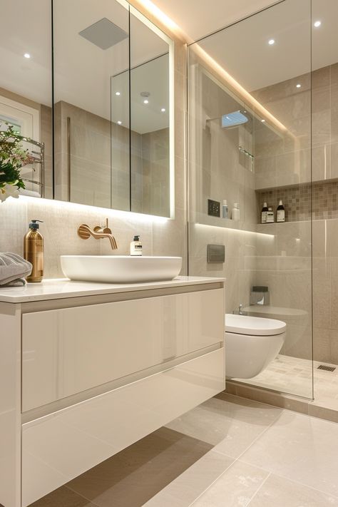 Luxurious White Bathroom, Elegant White Bathroom Ideas, Wall Mounted Toilet Ideas, Modern Sleek Bathroom, Cozy Shower Ideas, Bathroom Ideas White And Gold, Toilet Minimalist Design, Spacious Bathroom Ideas, Minimalistic Bathroom Design