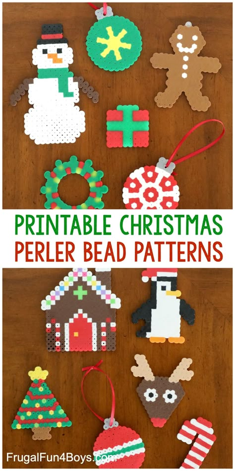 Printable Christmas Perler Bead Patterns - Print patterns to make 11 different Christmas Perler bead projects! Snowman, gingerbread house, wreath, Christmas tree, penguin, and more! #christmas #kidscrafts #kidsactivities Iron Bead Templates, Christmas Ornament Perler Bead Patterns, Melted Bead Patterns, Christmas Tree Perler Bead Patterns, Peeler Bead Christmas Ornaments, Peeler Bead Ideas Christmas, Pearler Bead Christmas Ornaments, Fusion Beads Patterns, Perler Christmas Patterns