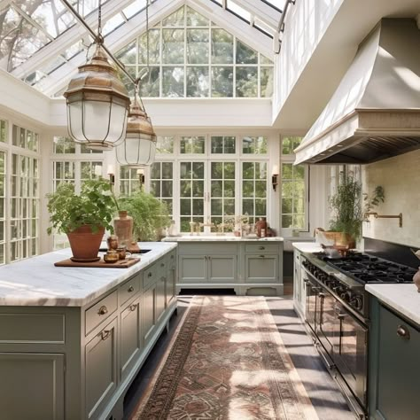 Sarah Robertson | I decided to do a deep dive into what a “conservatory kitchen” might look like, and here are a few fantasy kitchens ! Most of us don’t… | Instagram Solarium Off Kitchen, Square Conservatory Ideas, Georgian Kitchen Extension, Traditional Kitchen Extension, Kitchen In Conservatory, Kitchen In Orangery, Sunroof In Kitchen, Kitchen With Sunroof, Dining Greenhouse