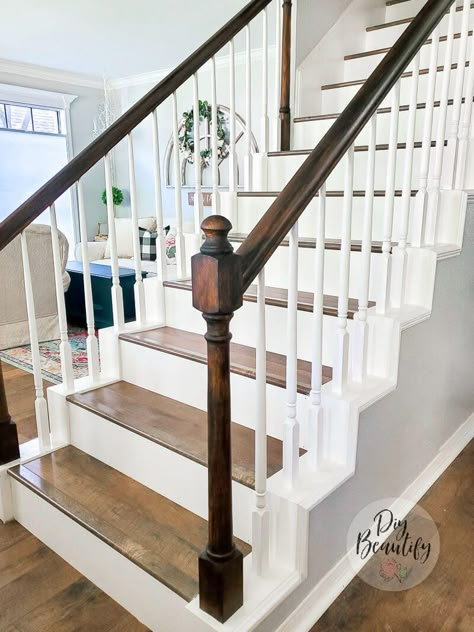 Decorating Next To Staircase, Brown And White Stair Railing, Victorian Farmhouse Staircase, Stair Makeover Railings, Replace Metal Stair Railing, Stained Bannister Ideas, Restaining Wood Banister, Dark Banister White Spindles, Old Banister Painted