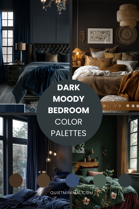 From deep blues to velvety blacks, embark on a journey of inspiration that promises to elevate your bedroom design to new heights of sophistication and style. #MoodyColorPalettes #BedroomDesign #DarkHues #SophisticatedStyle #Ambiance" 2 Colors Bedroom Walls, Solid Color Bedroom, Bedroom Dark Color Schemes, Unique Bedroom Color Schemes, Small Dark Moody Bedroom, Masculine Bedroom Colors Colour Schemes, Dark Calming Bedroom, Bedroom Moody Dark, Dark Paint Bedroom Walls