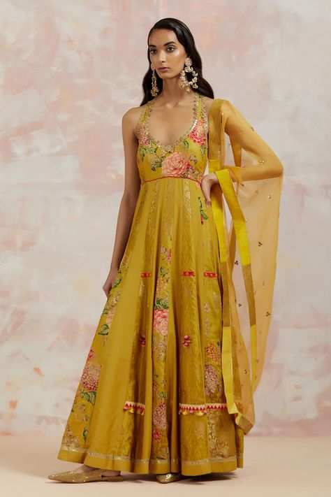 Buy Yellow Silk Embroidery Floral Halter Neck Anarkali With Dupatta For Women by AUM by Asit and Ashima Online at Aza Fashions. Halter Neck Anarkali, Sleeveless Anarkali, Anarkali Suits Designer, Sheer Dupatta, Anarkali With Dupatta, Daytime Wedding, Angrakha Style, Silk Anarkali, Dresses Traditional