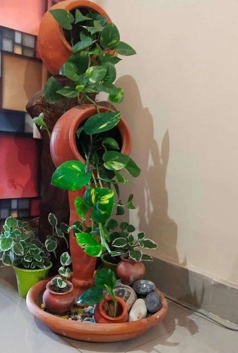 water fountains outdoors water fountain outdoor water fountains outdoor waterfall waterfall shower waterfalls shower Matka Planters, Waterfall Decoration, Indian Room Decor, Small Balcony Garden, Indoor Water Fountains, Fountain Design, Garden Decor Projects, Diy Plant Hanger, Water Fountains Outdoor