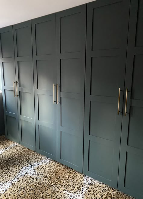 Lick Dark Green Paint, Green Painted Wardrobe, Dark Green Closet Doors, Painting Built In Wardrobes, Dark Green Wardrobe Bedroom, Green Wardrobe Doors, Green Built In Wardrobe, Dark Green Closet, Dark Green Wardrobe