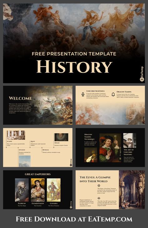 History PPT Presentation Template - Free PowerPoint Templates, Google Slides, Figma Deck And Resume Slides Presentation Ideas, Power Point Slide Ideas Presentation, Presentation Slides Design Layout, History Presentation Ideas, Design Slides Presentation, Presention Ideas, Ppt Slide Ideas, Presentation Layout Powerpoint, Slideshow Template