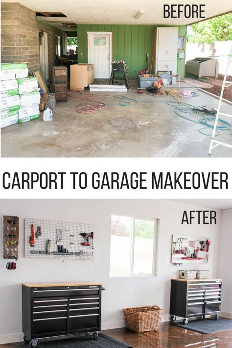 (GIVEAWAY- see below!!) We turned out carport into a garageIt's done, it's finally done! )  You have got to stop by to see all the crazy before pics so you can appreciate the after. Plus, you have got to check out the amazing flooring that we did. I love it. Oh and did I mention there is an awesome giveaway on my blog. Head over for a chance to win a $500 Home Depot Gift Card and RockSolid Flooring Kit! Yay!  #giveaway #hawthorneandmain #diy #garage #carport #build #buidling #carpottogarage #ad Pretty Garage, Carport Makeover, Enclosed Carport, Home Depot Gift Card, Living Space Ideas, Garage Makeover, Diy Renovation, Diy Garage, The Crazy