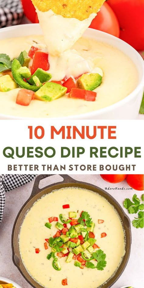 Better than store bought, this quick queso dip is made with 2 types of cheese, jalapenos, tomatoes. Best restaurant style white queso recipe is the perfect appetizer. Perfect for watching the game at home, or gathering with friends for margaritas, this delicious homemade queso will quickly become your new favorite party recipe #crockpotdiprecipe #superbowlpartyfood East Queso Recipe, Party Dips And Appetizers, Homemade Queso Cheese, Gouda Queso Dip, Best Ever Queso Dip, Making Queso Dip, How To Make Homemade Queso, Salsaritas Queso Recipe, Best Mexican Cheese Dip