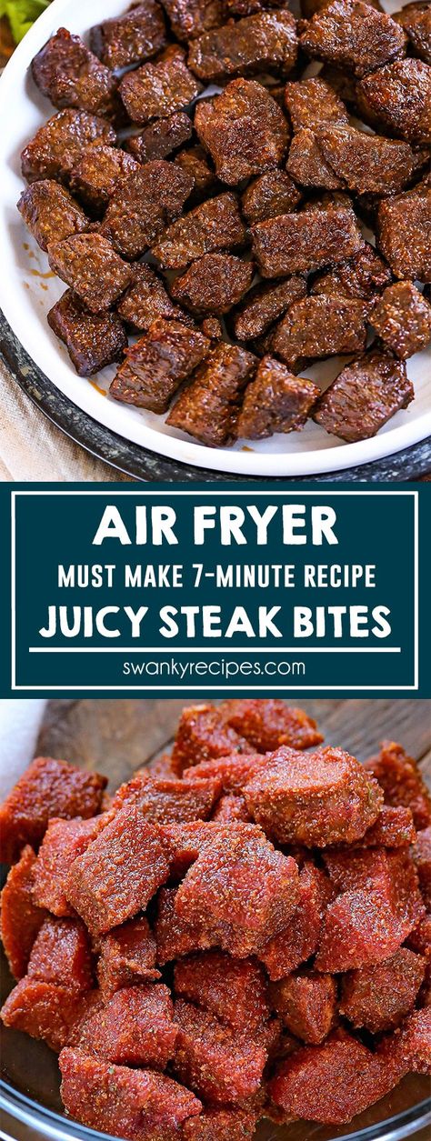 Air Fryer Steak Bites - Tender juicy steak bites in an easy and simple steak marinade. A quick 7-12 minute air fry beef recipe using steak. A tasty dinner recipe. Juicy Steak Bites, Air Fryer Steak Bites, Quick Beef Recipes, Steak Bites Recipe, Air Fryer Steak, Air Fryer Recipe, Air Fryer Oven Recipes, Air Fry Recipes, Tasty Dinner