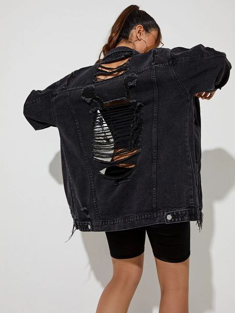 Drop Shoulder Ripped Denim Jacket | SHEIN USA Ripped Jacket, Ripped Denim Jacket, Venom Symbiote, Denim Wear, Denim Jacket Women, Ripped Denim, Denim Coat, Denim Jackets, Black Casual