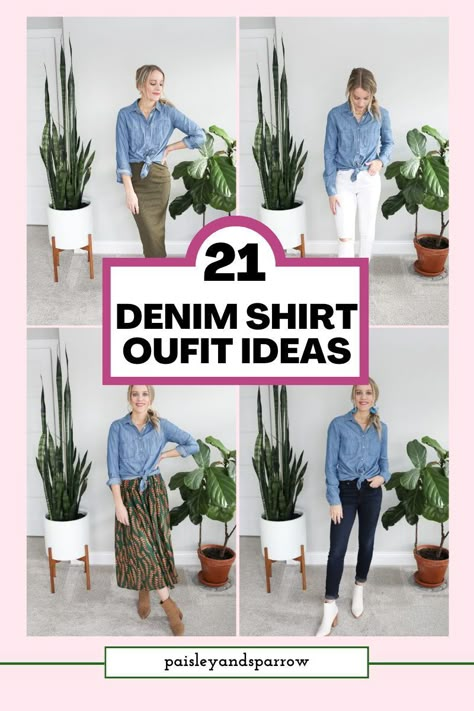 Here are 21 outfit ideas for your chambray or denim shirt! Outfits you can copy and to inspire you. Chambray Shirt Work Outfit, Denim Shirt And Black Jeans Outfit, Outfits With Chambray Shirts, Long Chambray Shirt Outfit, Chambray Shirt With Jeans, Dark Blue Denim Shirt Outfit Woman, Casual Denim Outfits Women, Denim Long Sleeves Outfit Women, Leggings Denim Shirt Outfit