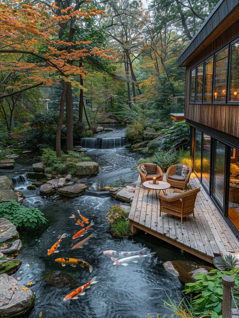 Top View of Small Garden with Wooden Deck and Koi Pond Koi Carp Pond, Small Koi Pond Ideas, Koi Fish Garden, Small Garden Features, Pond With Koi Fish, Garden Koi Pond, Natural Swimming Ponds, Wooden Deck, Japan Garden