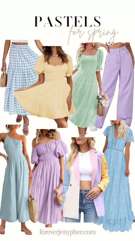 Pastels for spring! Gingham skirt, midi skirt, modest outfit, modest dress, maxi dress, full coverage dress, blazer. Wide leg pants, jumpsuit, mini dress, spring dress #LTKfit#LTKstyletip#LTKSeasonal Pastel Dress Casual, Blazer Wide Leg Pants, Dresses Outfit Ideas, Mini Dress Spring, Spring Gingham, Outfit Modest, Outfit Ideas Spring, Dress Blazer, Pants Jumpsuit