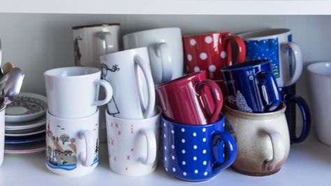 Learn how to create a DIY cabinet storage for your coffee mugs. This easy, quick DIY will help organize your coffee mug collection to free up cabinet space. Diy Cabinet Storage, Pot Rail, Coffee Mug Storage, Coffee Cup Storage, Inside Kitchen Cabinets, Beautiful White Kitchens, Storage Hack, Coffee Mug Collection, Diy Cabinet