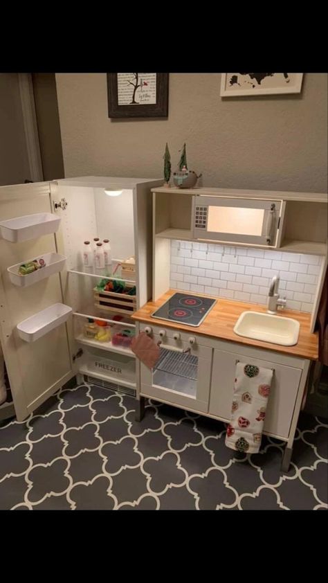 Ikea Kids Kitchen Accessories, Diy Ikea Toy Kitchen, Play Refrigerator Diy Ikea, Ikea Play Kitchen With Fridge, Play Kitchen Ikea Hack, Cute Play Kitchen, Montessori Play Kitchen Diy, Diy Kids Kitchen Makeover, Refurbished Play Kitchen