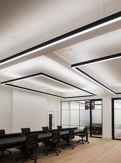 Nulty - London Wall - Interior Lighting Design Luxury Office Space Workspace Linear Frames Bright Illumination Exposed Ceilings Exposed Ceiling Office, Exposed Ceiling Lighting, Office Lighting Ceiling Work Spaces, Exposed Ceiling, Linear Light, Exposed Beams Ceiling, Industrial Cafe, Exposed Ceilings, London Wall