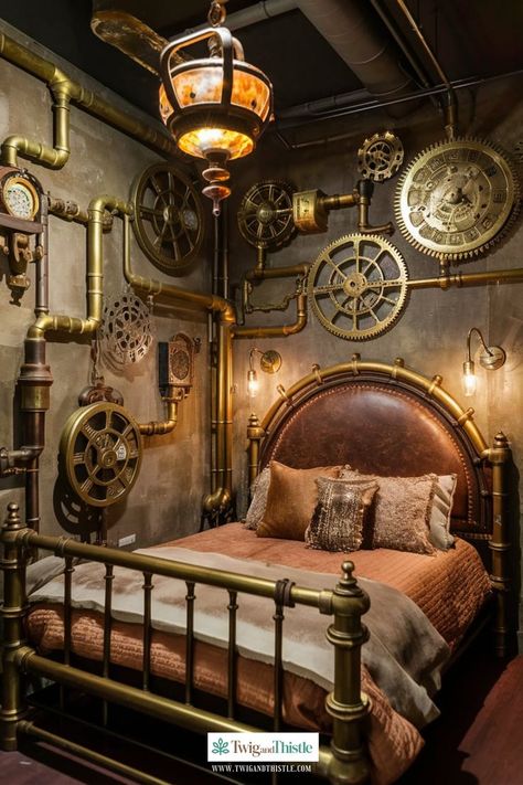 Elevate your bedroom with luxe fabrics and rich textures for a sophisticated look. ✨🛋️ #LuxuryRoomBedroom #RedecorateBedroom Does this inspire you? Let us know. Steampunk Bed, Futuristic Steampunk, Steampunk Room, Steampunk Rooms, Steampunk Bedroom, Furniture Colors, Steampunk Inspiration, Luxury Room, Steampunk Lighting