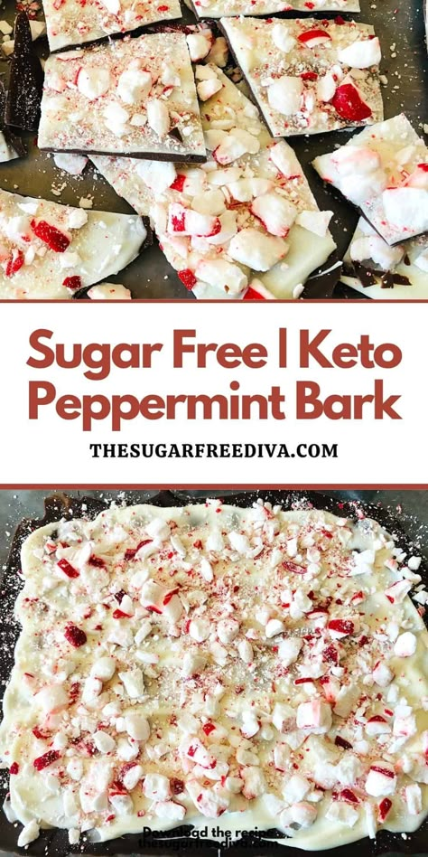 Sugar Free Keto Peppermint Bark, a delicious holiday season candy recipe featuring no added sugar peppermint and chocolate. Sugar Free Christmas Treats, Sugar Free Candy Recipes, Sugar Free Cookie Recipes, Sugar Free Desserts Easy, Peppermint Bark Recipes, Low Carb Christmas, Keto Holiday Recipes, Sugar Free Baking, Sugar Free Recipes Desserts