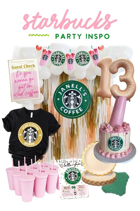 Sharing some Starbucks party inspiration with you! #starbucks #birthdayparty #party #coffee Starbucks Pink Drink Birthday Party, Starbucks Bridal Shower Theme, Pink Starbucks Birthday Party Ideas, Pink Starbucks Birthday Party, Starbucks Birthday Shirt, Starbucks Birthday Theme, Starbucks Birthday Party Decorations, Starbucks Party Ideas For Teens, Starbucks Bday Party Ideas