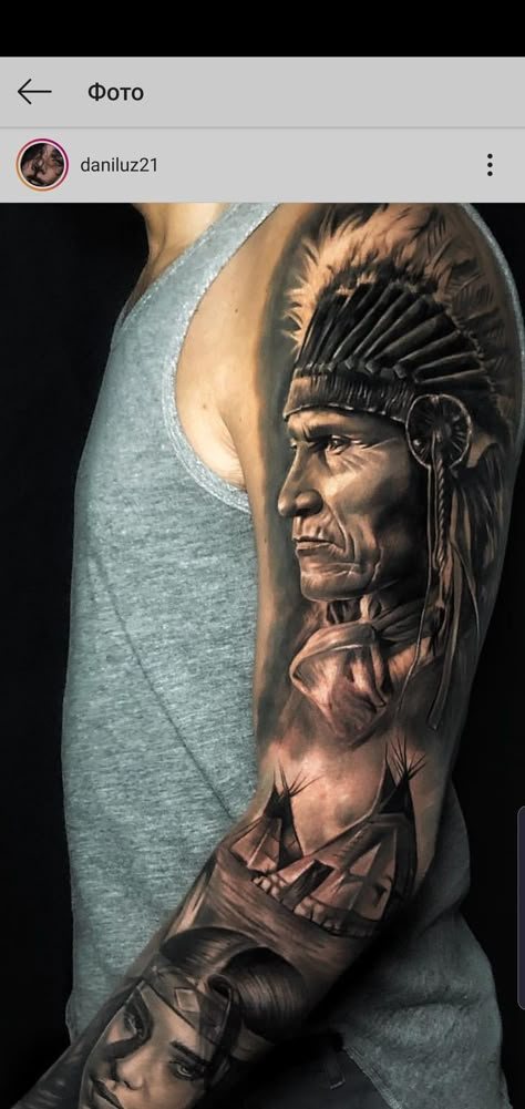 Realistic Indian Tattoo, Indian Tattoo Sleeve Men, Indian Headdress Tattoo Men, Native Chest Tattoo For Men, Indigenous Sleeve Tattoo, Cowboy And Indian Tattoo Sleeve, Native Chief Tattoo, Chief Indian Tattoo, Indian Warrior Tattoo For Men