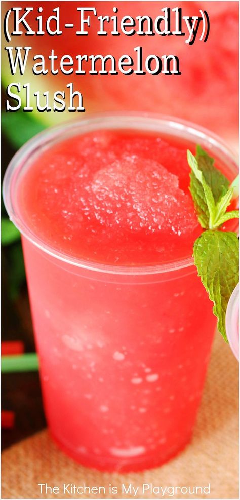 Cup of Kid-Friendly Watermelon Slush Watermelon Drinks For Kids, Easy Watermelon Recipes, Slush Drinks, Watermelon Slushie Recipe, Watermelon Recipes Drinks, Watermelon Slush, Watermelon Slushie, Watermelon Smoothie Recipes, Slush Recipes