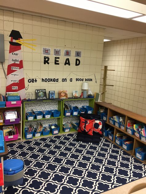 Nautical Bulletin Board Ideas, Nautical Library, Nautical Classroom Decor, Ocean Library Display, Nautical Classroom Theme Bulletin Boards, Nautical School Theme, Library Ocean Theme, Sailor Classroom Theme, Nautical Bulletin Boards