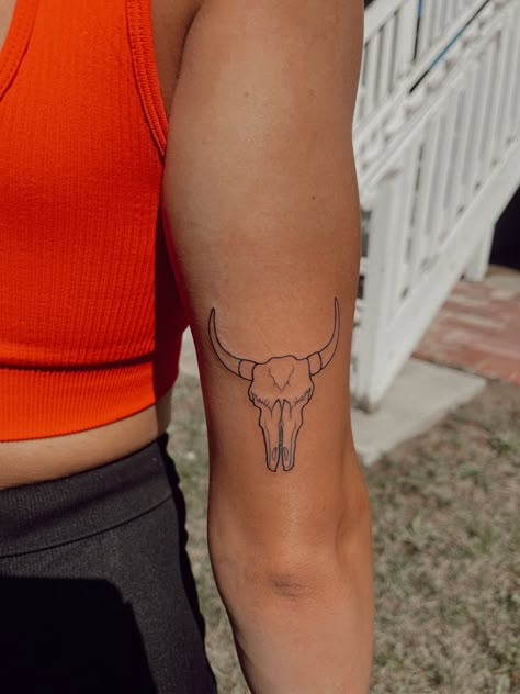 Long Horn Tattoo For Women Simple, Dainty Longhorn Tattoo, Longhorn Skeleton Tattoo, Small Southern Tattoos, Simple Cow Skull Tattoo, Longhorn Tattoo Back Of Arm, Long Horn Skull Tattoo For Women, Girly Longhorn Tattoo, Country Inspired Tattoos