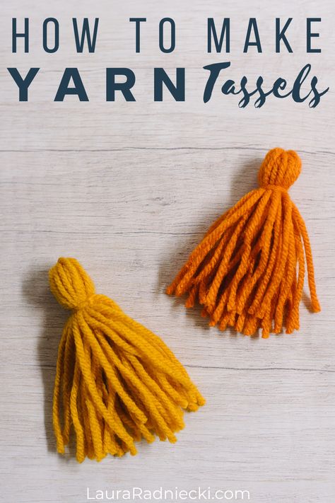 Learn how to make yarn tassels in this DIY tassel tutorial, showing two methods - one by hand and one using cardboard for making tassels. Diy Yarn Tassels How To Make, How To Make Large Tassels, Making Tassel Garland, How To Make A Small Tassel, How To Make Boho Tassles, Diy Tassels For Pillows, Small Tassels Diy, How To Make Fringe With Yarn, Diy Boho Tassels