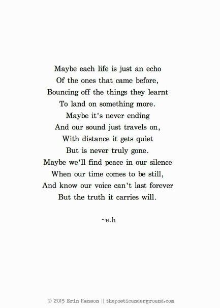 Maybe each life is just an echo Poetry About Life In English, Poetic Underground, Erin Hanson Poems, Touching Poems, Pretty Poetry, Eh Poems, English Poem, Snacks Protein, Erin Hanson