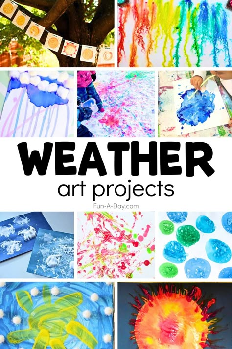 15+ weather art projects for preschoolers and kindergarten kids. There are art projects for rain, wind, storms, hail, and, my personal favorite, sunshine! You can even incorporate the weather art projects into lesson plans about the weather or the four seasons! Click on the Fun-A-Day.com link for more details. Weather Art Projects, Weather Unit Preschool, Weather Unit Kindergarten, Weather Crafts Preschool, Art Projects For Preschoolers, Weather Kindergarten, Process Art Preschool, Rain Crafts, Weather Activities Preschool