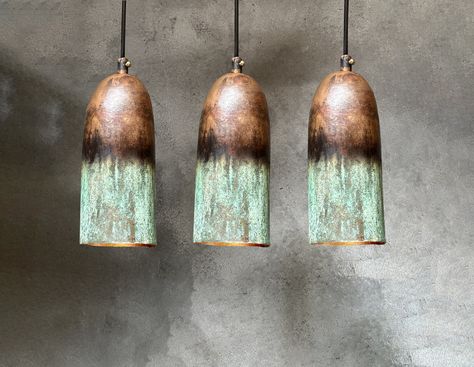 Set Of 3 Oxidized Copper Pendant Lights , Green Patina Farmhouse Light Fixture , Set Of Three Long Copper Pendant Lamps Copper Pendant Lights Kitchen, Rainbow Pottery, Kitchen Island Ceiling, Copper Ceiling Lights, Island Ceiling Light, Copper Light Fixture, Key House, Copper Pendant Lamp, Pendant Light Set