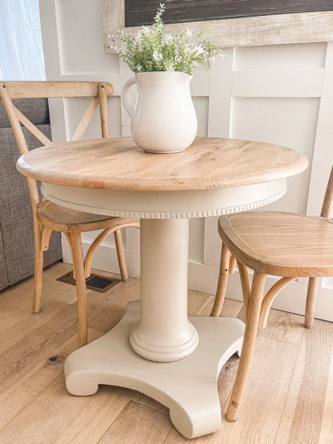 Curbside Pedestal Table Makeover | Simply Beautiful By Angela Round Pedastle Dining Table, Pedastle Table, Refinish Pedestal Table, Round Table Makeover, Farmhouse Pedistal Dining Table, White Top Table, Small Pedestal Dining Table Maple, Diy Pedestal Table, Pedestal Table Makeover